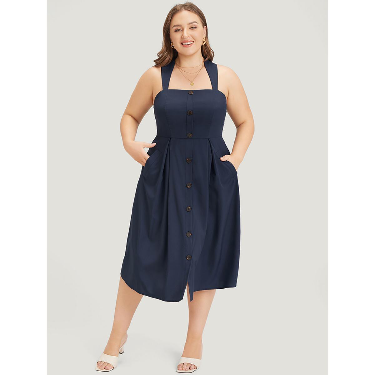Plus Size Solid Plicated Hem Button Detail Pocket Shirred Cami Dress DarkBlue Women Elegant Button Halter neck Sleeveless Curvy Midi Dress BloomChic 10/M Product Image