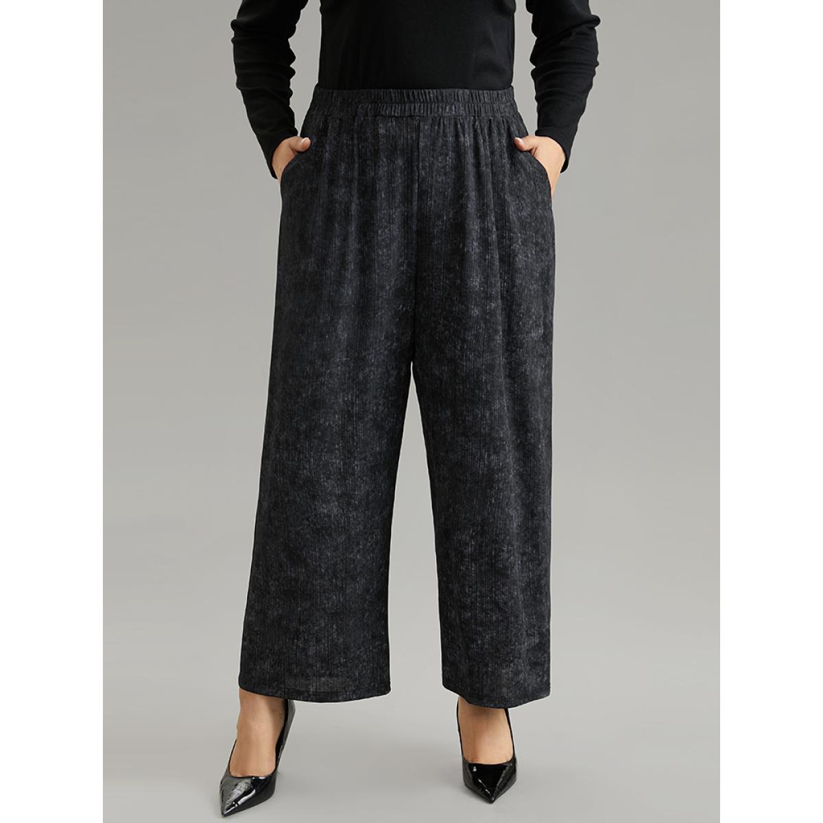 Plus Size Vintage Heather Elastic Waist Wide Leg Pants Women Black Casual Wide Leg High Rise Dailywear Pants BloomChic 12/L Product Image