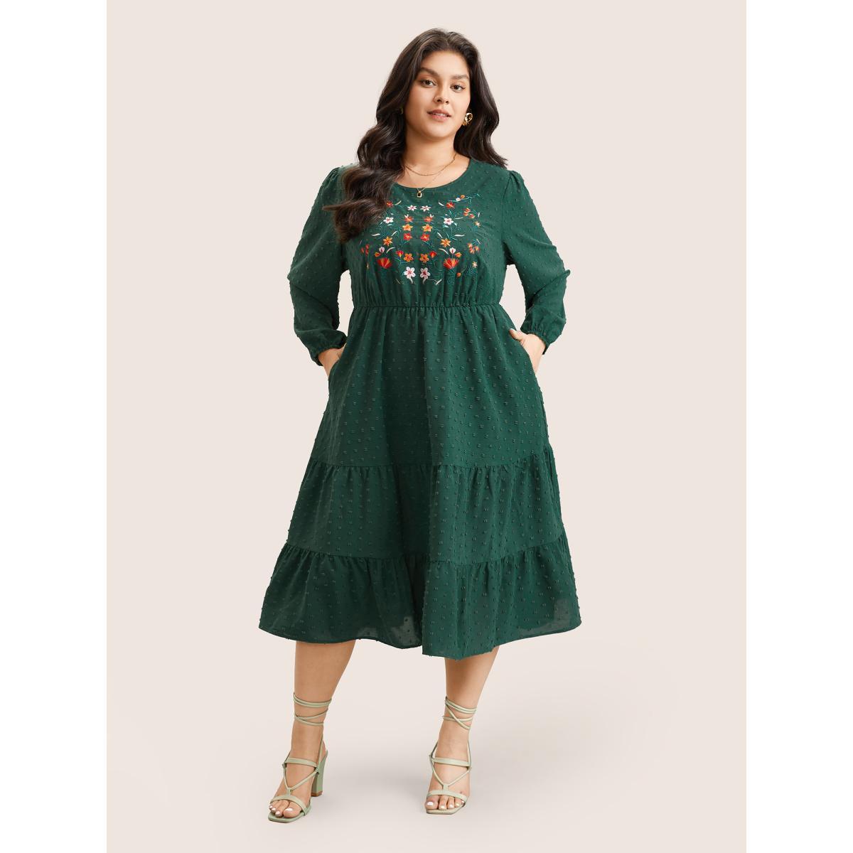Plus Size Floral Embroidered Textured Ruffle Layered Hem Dress Emerald Women Vacation Elastic cuffs Round Neck Long Sleeve Curvy Midi Dress BloomChic 10/M Product Image