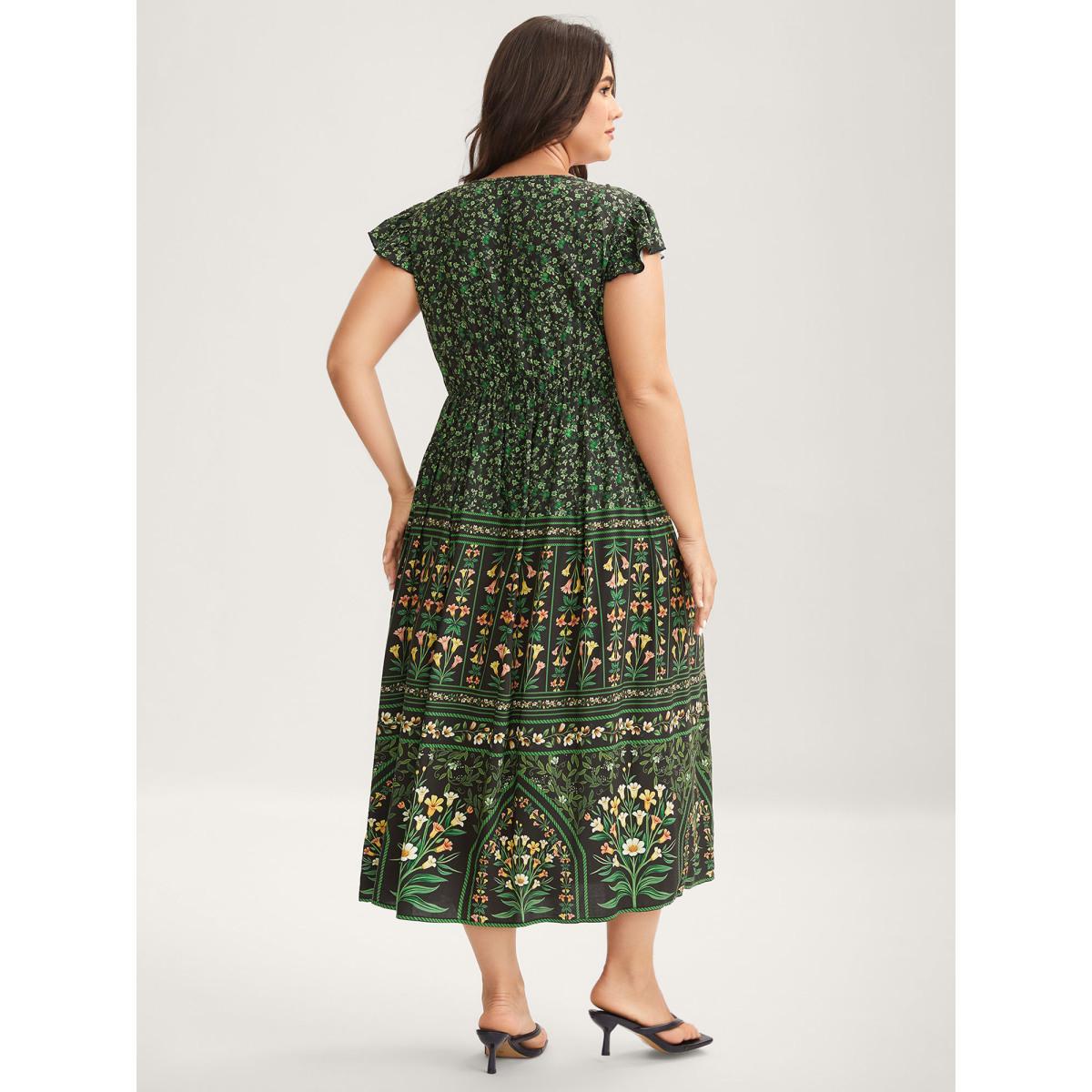 Plus Size Rayon Garden Fresh Ruffled Sleeve Midi Dress DarkGreen Women Heart neckline Cap Sleeve Curvy BloomChic 14-16/1X Product Image