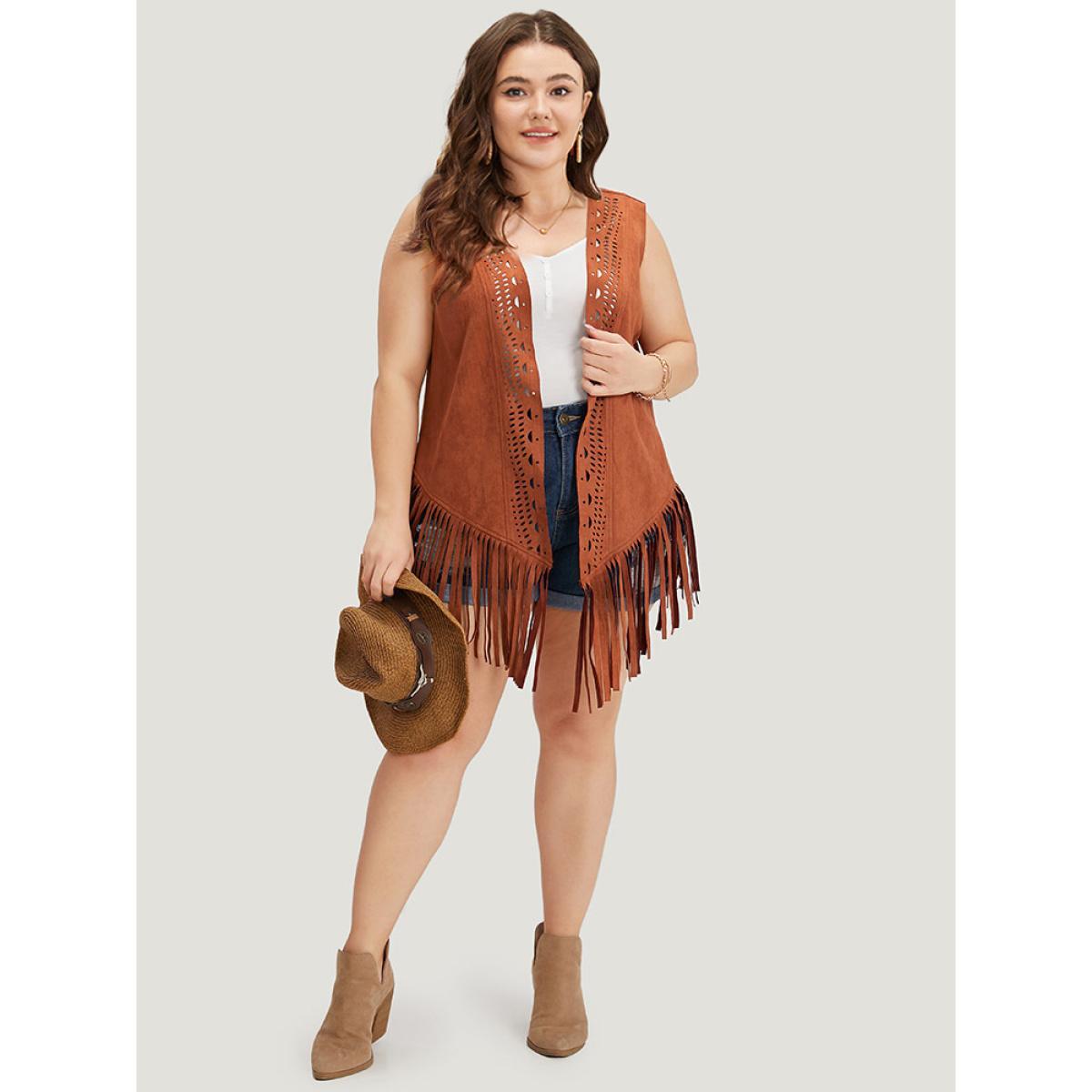Plus Size Plain Laser Cut Tassel Trim Sleeveless Kimono Women Chocolate Vacation Tassels Dailywear Kimonos BloomChic 28/5X Product Image