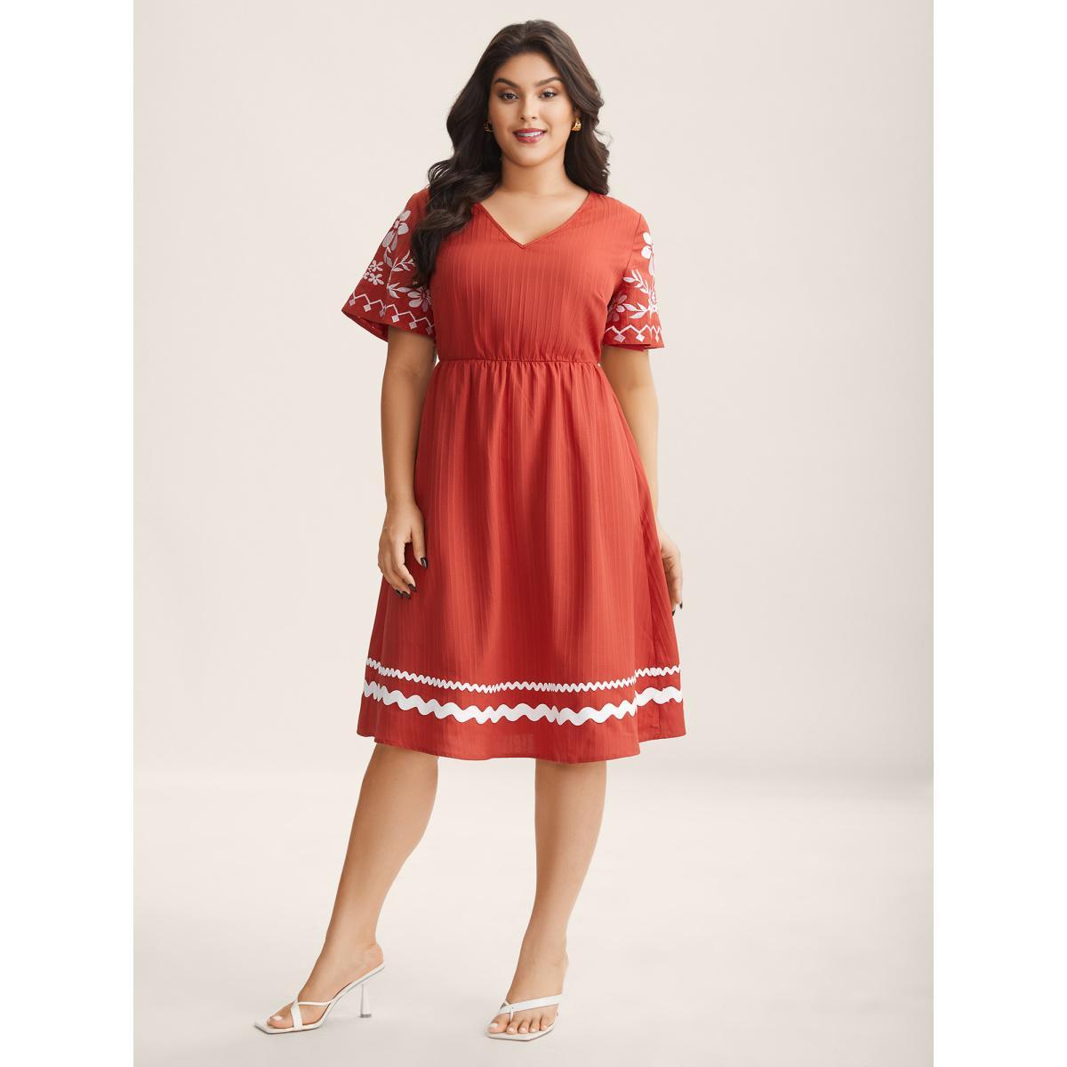 Plus Size Embroidered Sleeve Cinched-Waist Midi Dress Rust Women V-neck Short sleeve Curvy BloomChic 10/M Product Image