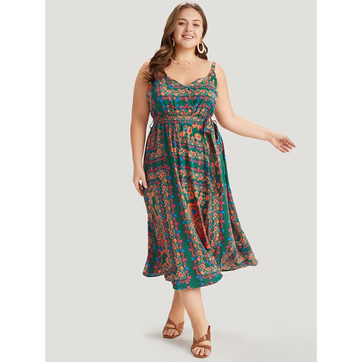 Plus Size Boho Print Belted Split Hem Pocket Cami Dress DarkGreen Women Vacation Gathered V-neck Sleeveless Curvy Midi Dress BloomChic 30/6X Product Image