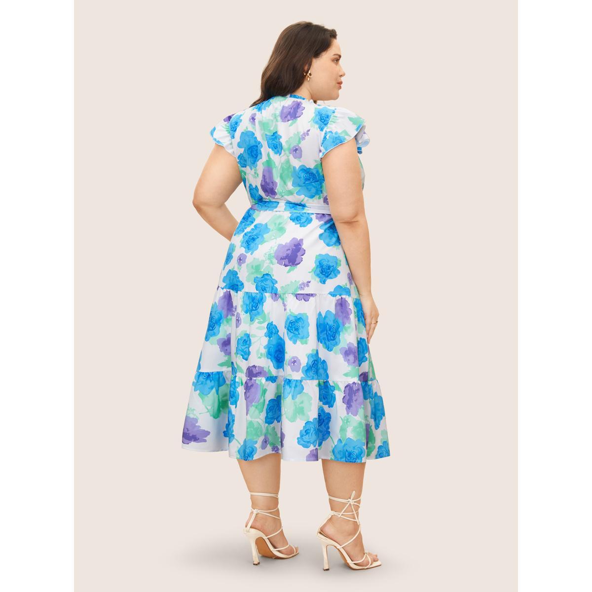 Plus Size Floral Gathered Ruffle Cap Sleeve Belted Dress White Women Elegant Belted Round Neck Cap Sleeve Curvy BloomChic 28/5X Product Image