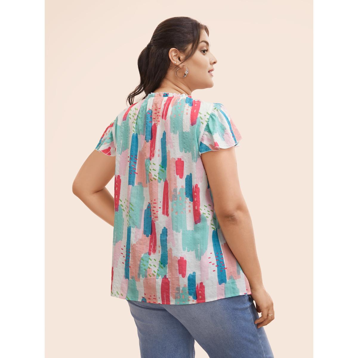 Plus Size Originalwhite Brush Print Split Side Cap Sleeve Blouse Women Elegant Cap Sleeve Stand-up collar Everyday Blouses BloomChic 14-16/1X Product Image