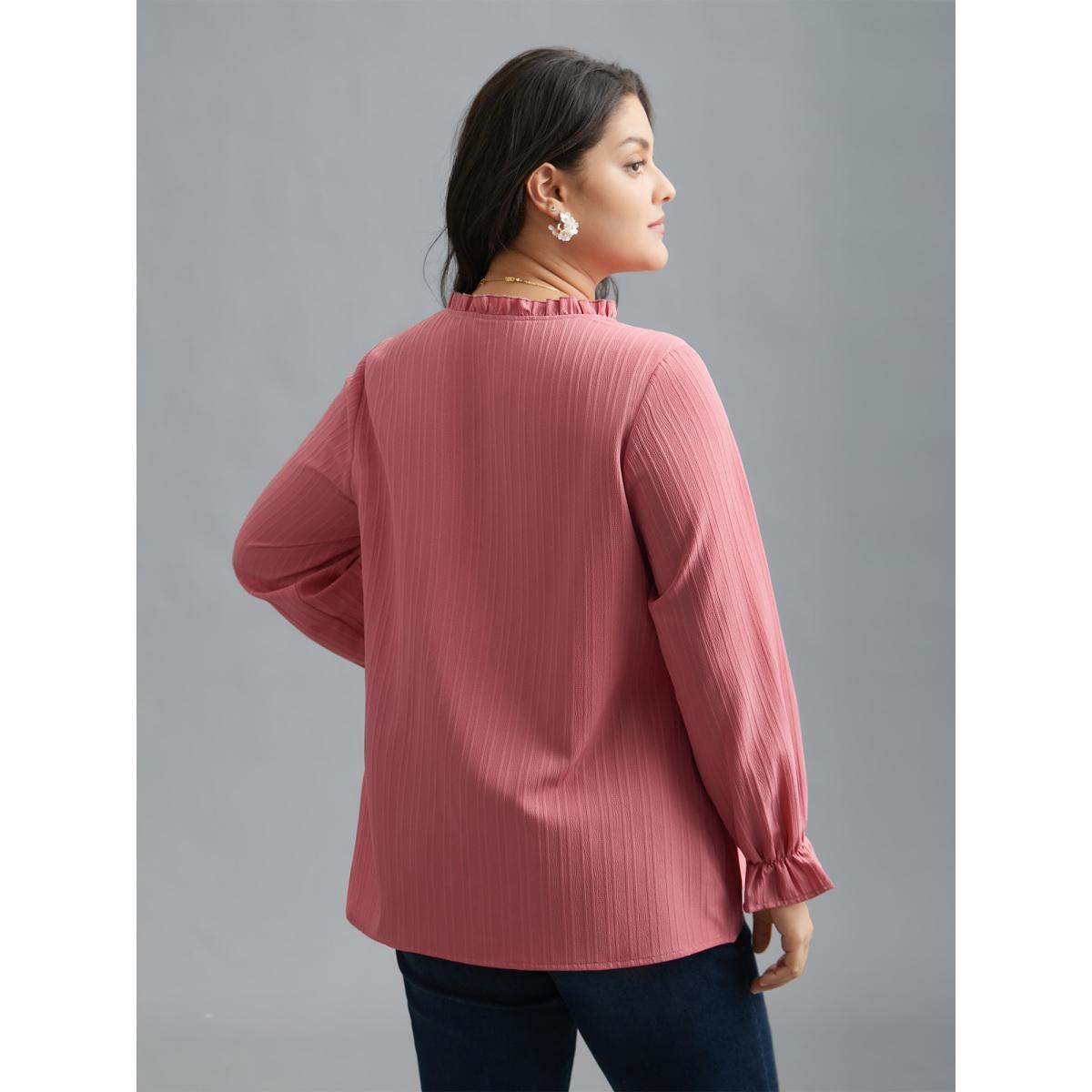 Plus Size DustyPink V Neck Frill Trim Textured Blouse Women Elegant Extra Long Sleeve V-neck Everyday Blouses BloomChic 18-20/2X Product Image