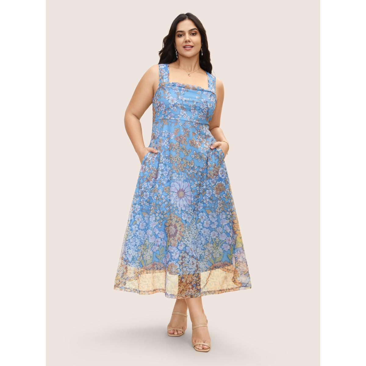 Plus Size Square Neck Floral Mesh Tank Dress Multicolor Women Elegant Gathered Square Neck Sleeveless Curvy BloomChic 14-16/1X Product Image