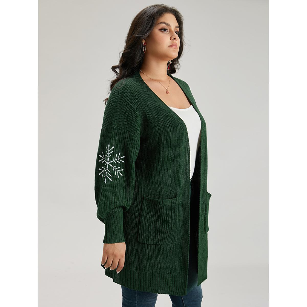 Plus Size Snowflake Embroidered Patched Pocket Cardigan DarkGreen Women Casual Loose Long Sleeve Festival-Christmas Cardigans BloomChic 10/M Product Image