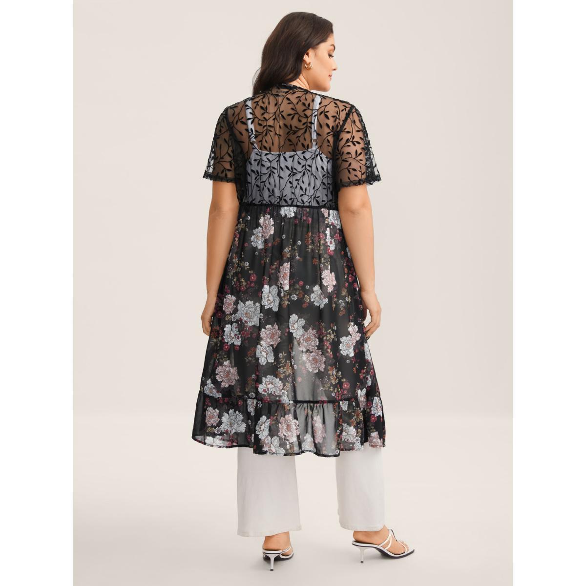 Plus Size Chiffon Floral Front Mid Tie Kimono Women Black Tie knot Bodycon Everyday-Elegant Kimonos BloomChic 18-20/2X Product Image