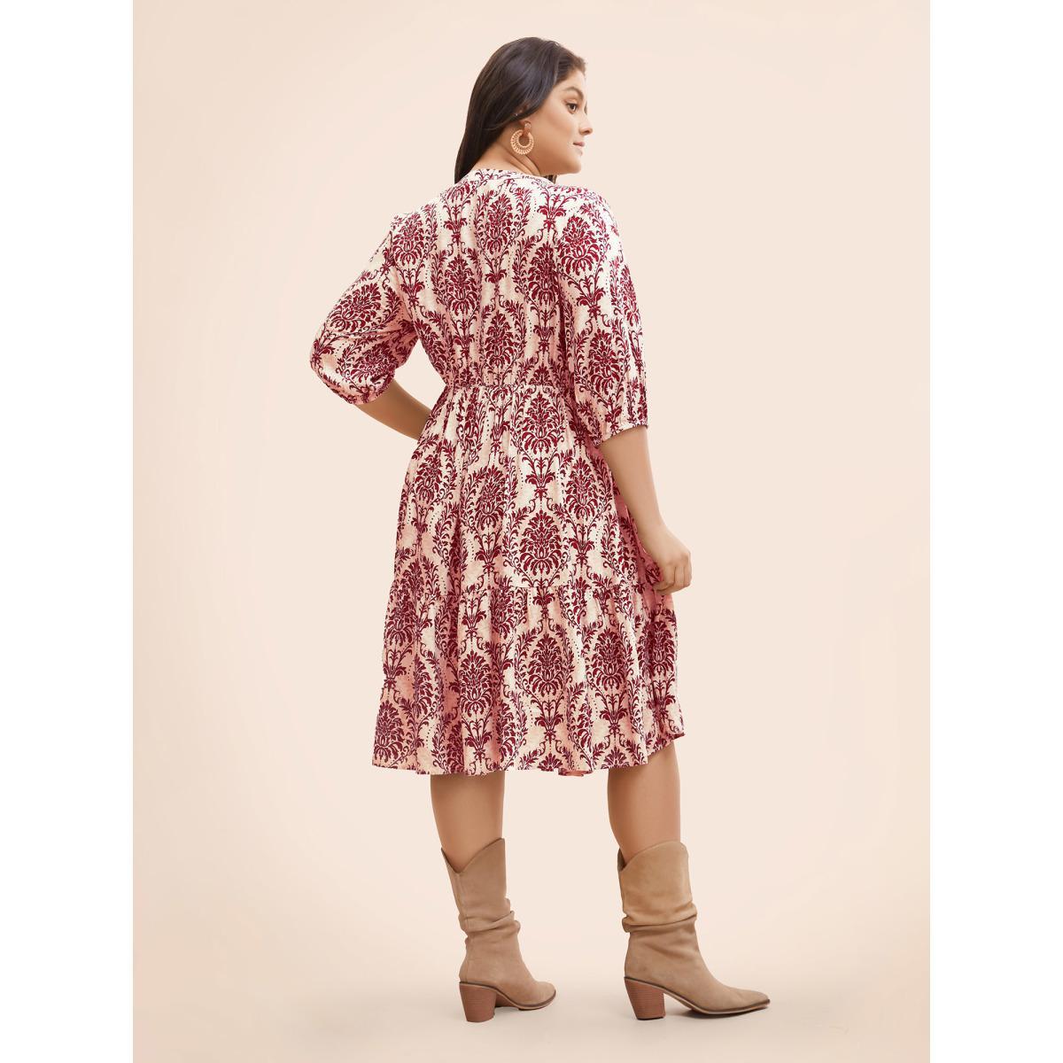 Plus Size Damask Print Tie Knot Puff Sleeve Dress Rust Women Resort Tie knot V-neck Elbow-length sleeve Curvy BloomChic 12/L Product Image