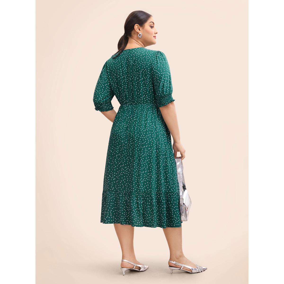Plus Size Polka Dot Shirred Pocket Flutter Hem Dress Burgundy Women Office Printed V-neck Half Sleeve Curvy Midi Dress BloomChic 12/L Product Image