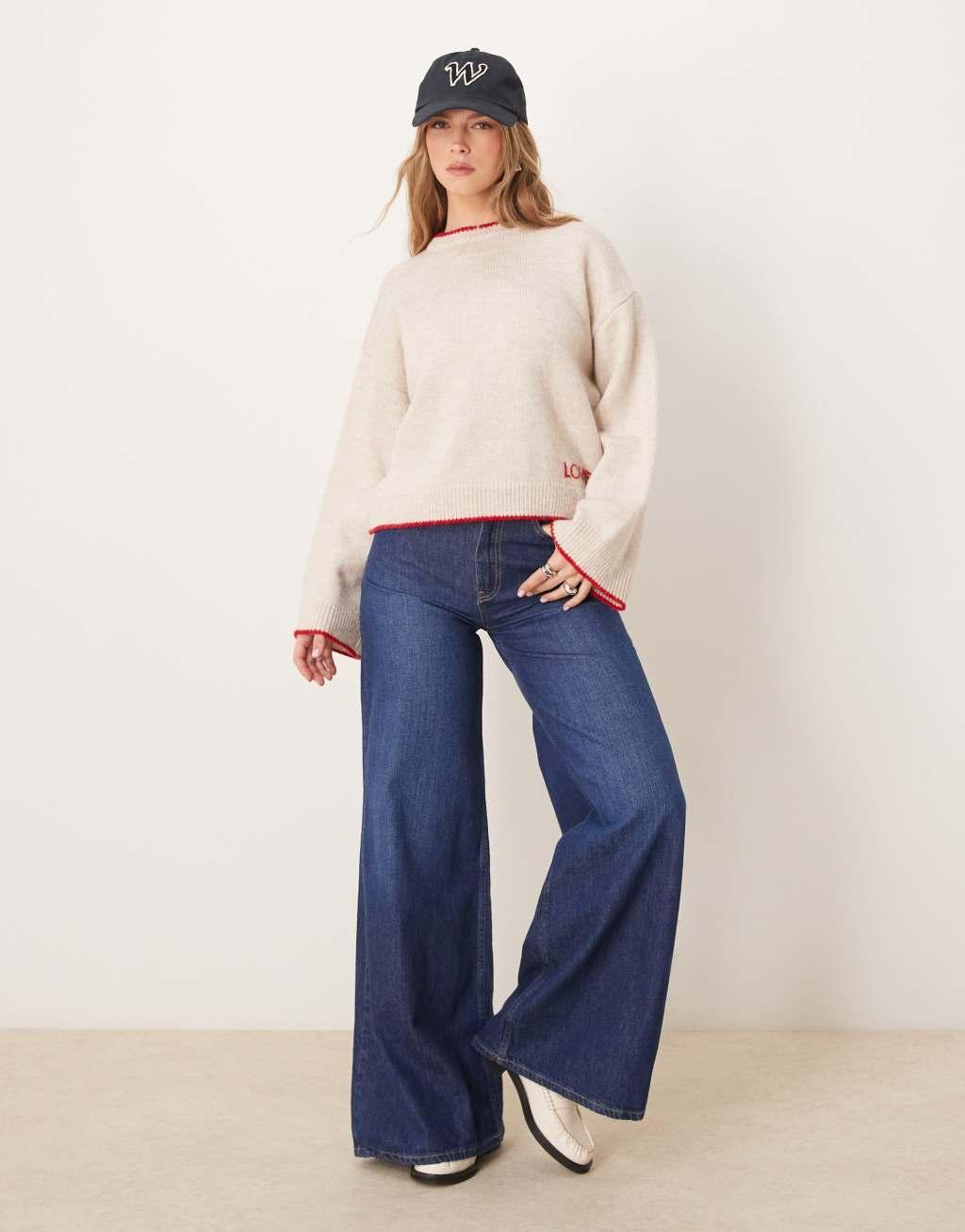 ASOS DESIGN knit sweater with contrast blanket stitch and embroidery in ecru Product Image
