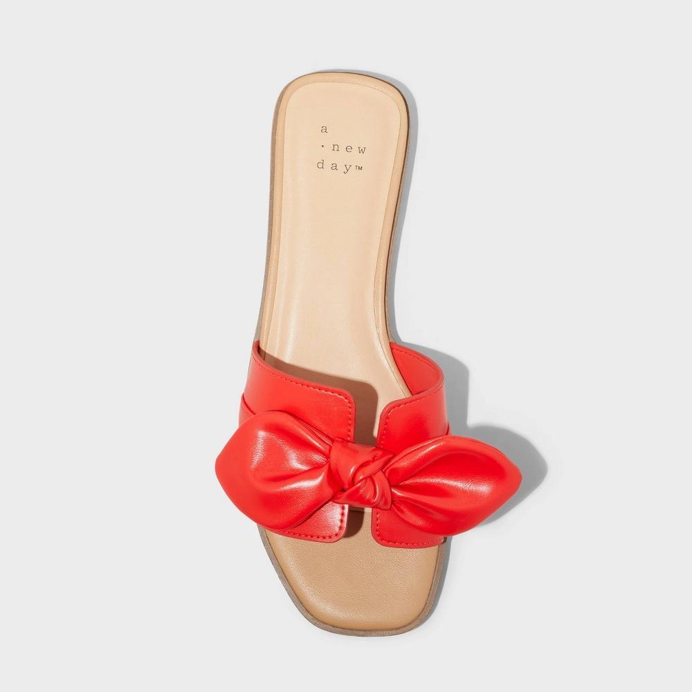 Womens Maple Bow Flat Sandals - A New Day Red 7.5: Slip-On, Open Toe, Block Heel, Textured Sole, Polyurethane Upper Product Image