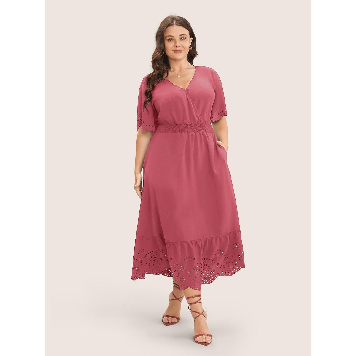 Plus Size Solid Laser Cut Shirred Pocket Wrap Scalloped Trim Flutter Dress DustyPink Women Elegant Non V-neck Short sleeve Curvy Midi Dress BloomChic 18-20/2X Product Image