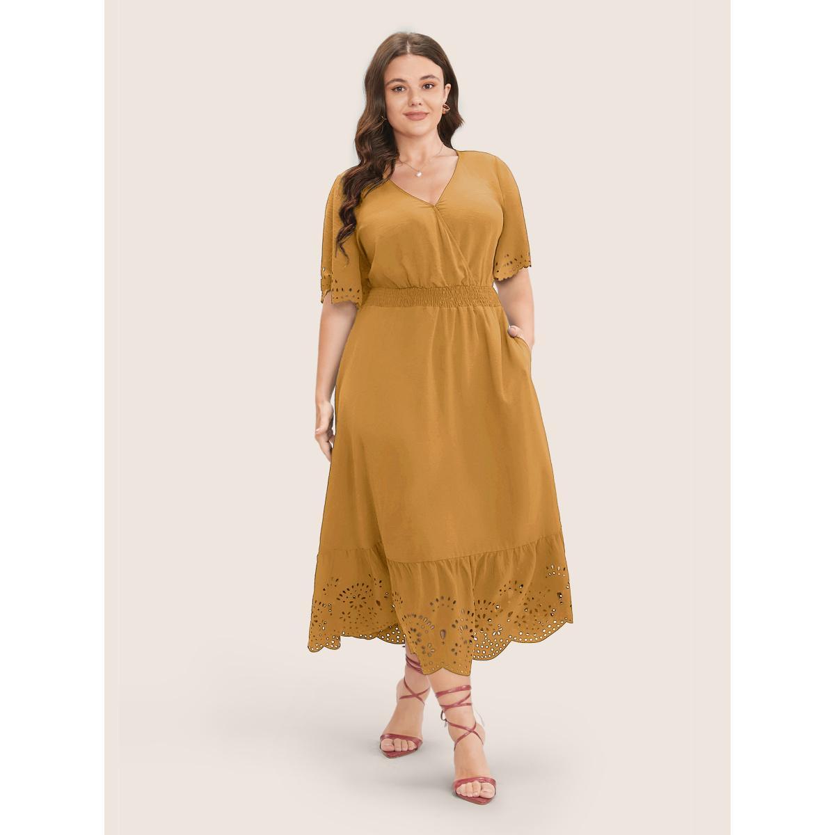 Plus Size Solid Laser Cut Shirred Pocket Wrap Scalloped Trim Flutter Dress Yellow Women Elegant Non V-neck Short sleeve Curvy Midi Dress BloomChic 10/M Product Image