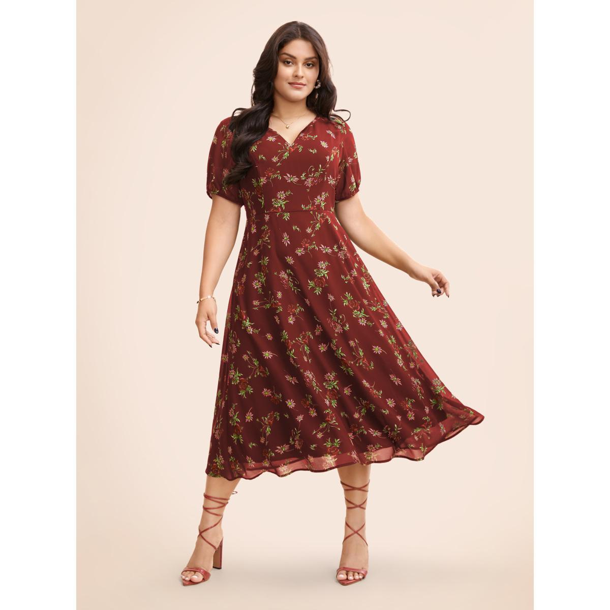 Plus Size Floral Notched Chiffon Mesh Midi Dress Burgundy Women Elegant See through Notched collar Short sleeve Curvy BloomChic 12/L Product Image