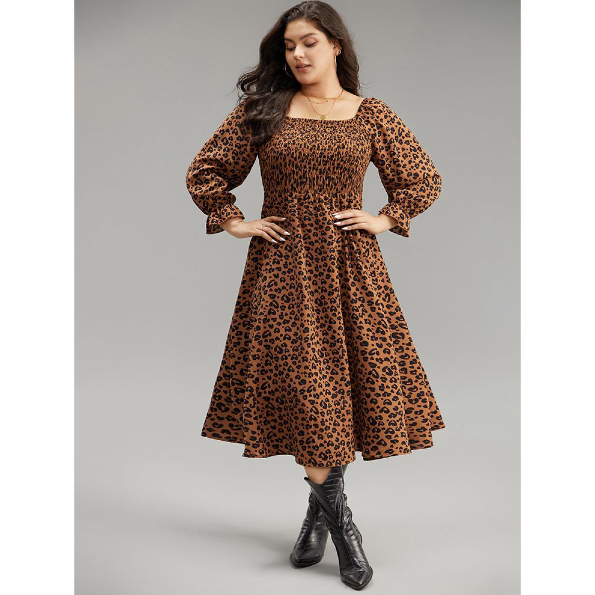 Plus Size Leopard Print Shirred Square Neck Pocket Dress Rust Women Casual Printed Square Neck Long Sleeve Curvy Midi Dress BloomChic 26/4X Product Image