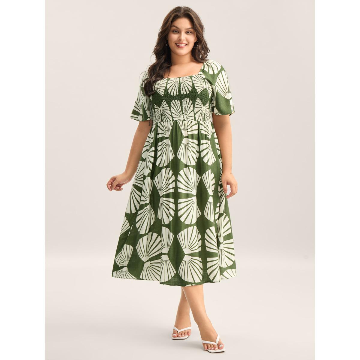 Plus Size Geometric Print Square Neck Cinched Midi Dress Moss Women Square Neck Short sleeve Curvy BloomChic 12/L Product Image