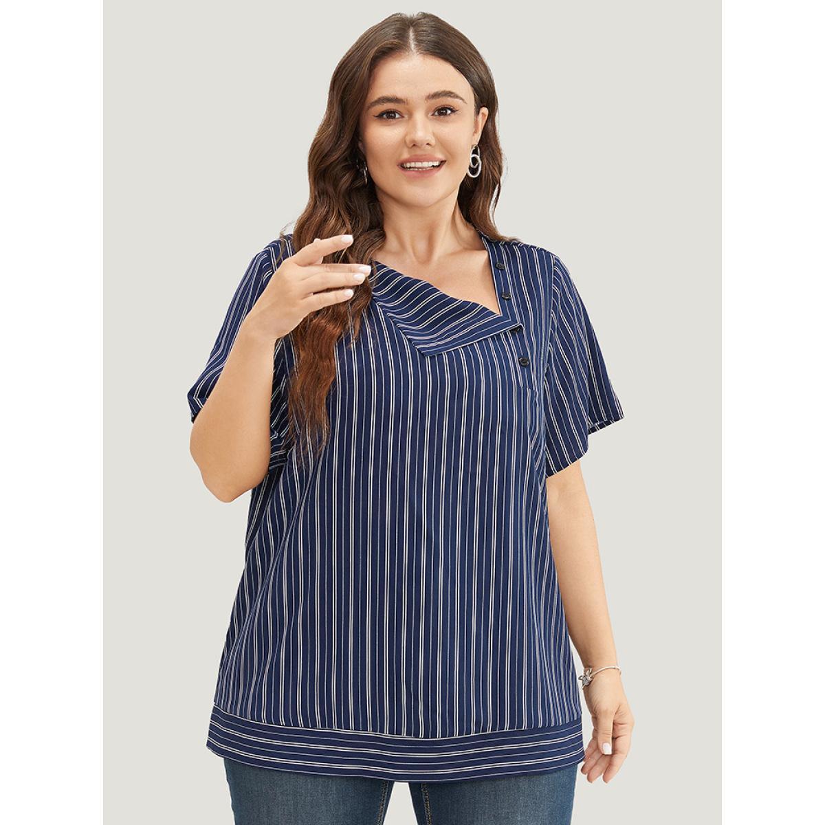 Plus Size DarkBlue Striped Print Asymmetrical Neck Blouse Women Office Short sleeve Asymmetrical Neck Work Blouses BloomChic 26/4X Product Image
