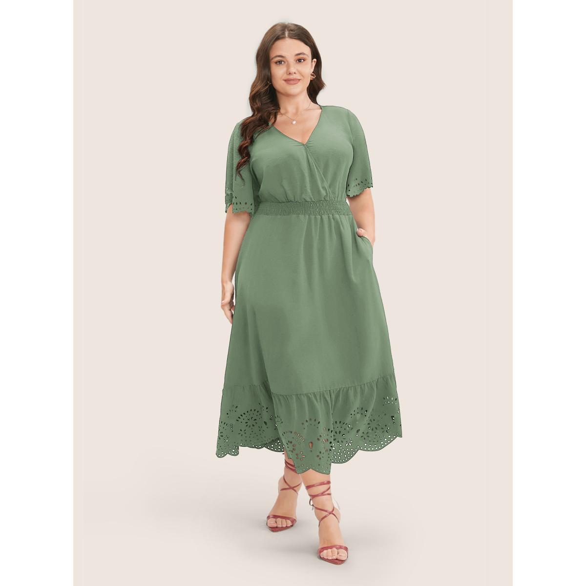 Plus Size Solid Laser Cut Shirred Pocket Wrap Scalloped Trim Flutter Dress Mint Women Elegant Non V-neck Short sleeve Curvy Midi Dress BloomChic 26/4X Product Image