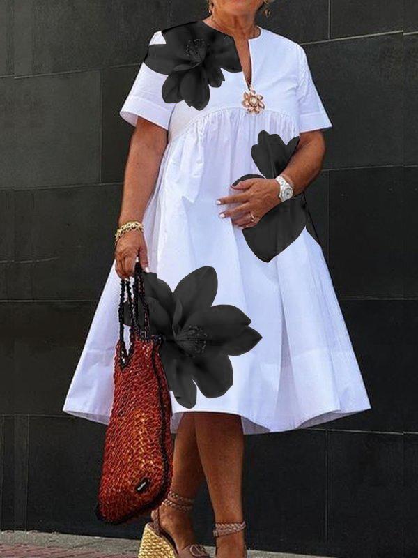 A-Line Loose Flower Print Pleated V-Neck Midi Dresses Product Image