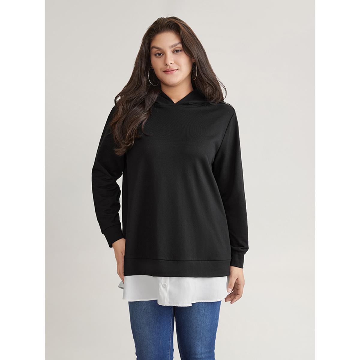 Plus Size 2-In-1 Patchwork Contrast Hooded Sweatshirt Women Black Casual Contrast Hooded Dailywear Sweatshirts BloomChic 12/L Product Image