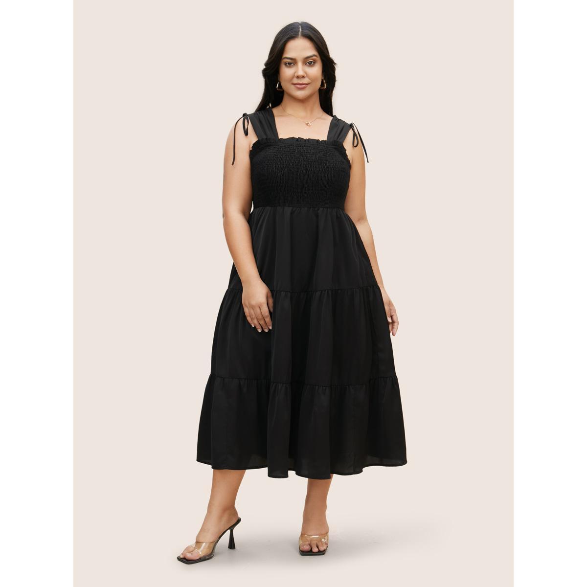 Plus Size Plain Shirred Drawstring Ruffle Layered Hem Dress Black Women Elegant Gathered Square Neck Sleeveless Curvy BloomChic 28/5X Product Image