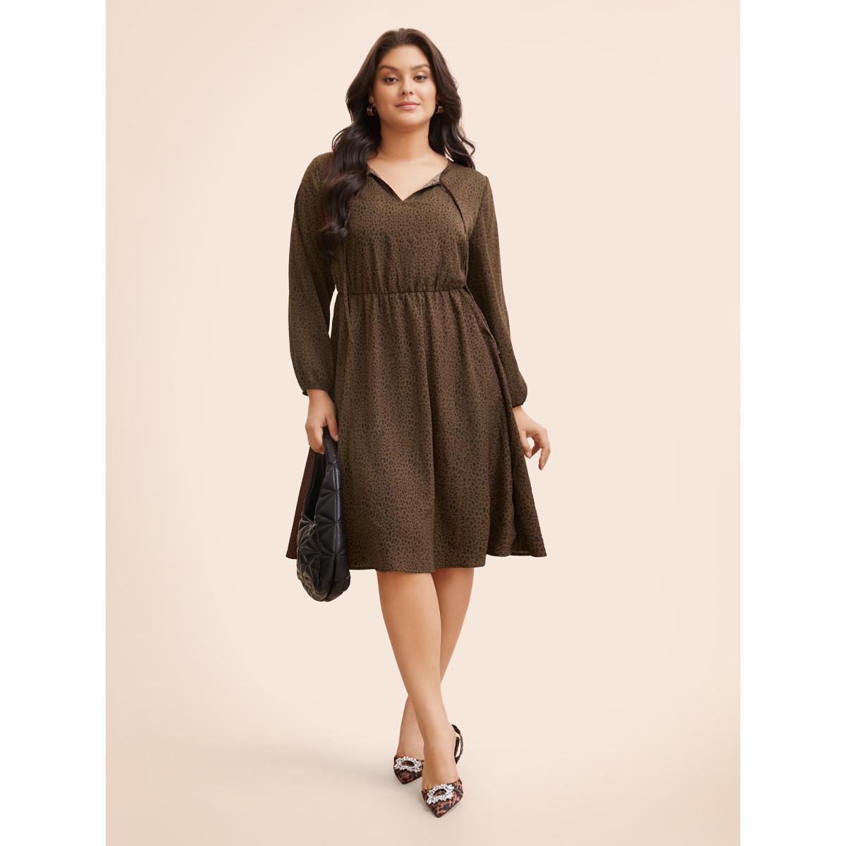 Plus Size Leopard Print Tie Knot Gathered Dress Browncoffeecolor Women At the Office Tie knot V-neck Elbow-length sleeve Curvy BloomChic 22-24/3X Product Image