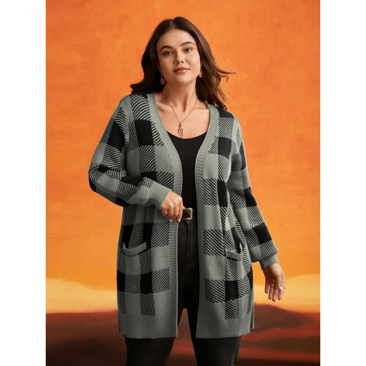 Plus Size Supersoft Essentials Plaid Open Cardigan DarkGray Women Casual Loose Long Sleeve Everyday Cardigans BloomChic 18-20/2X Product Image