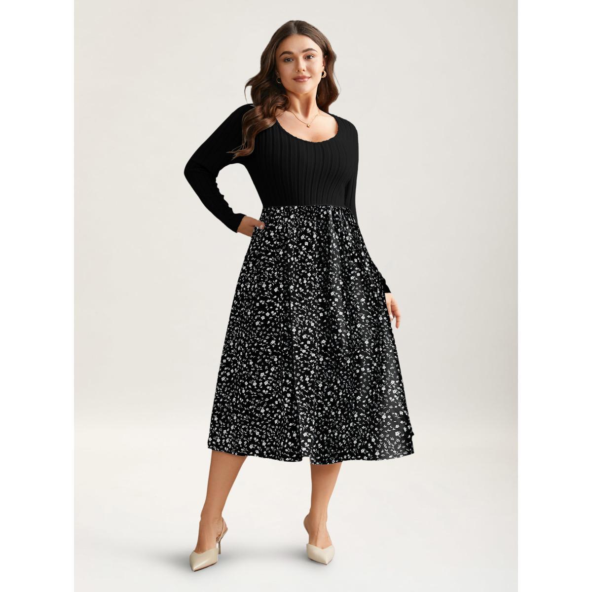 Plus Size Ditsy Floral Patchwork Texture Midi Dress Black Women Elegant Texture V-neck Long Sleeve Curvy BloomChic 28/5X Product Image