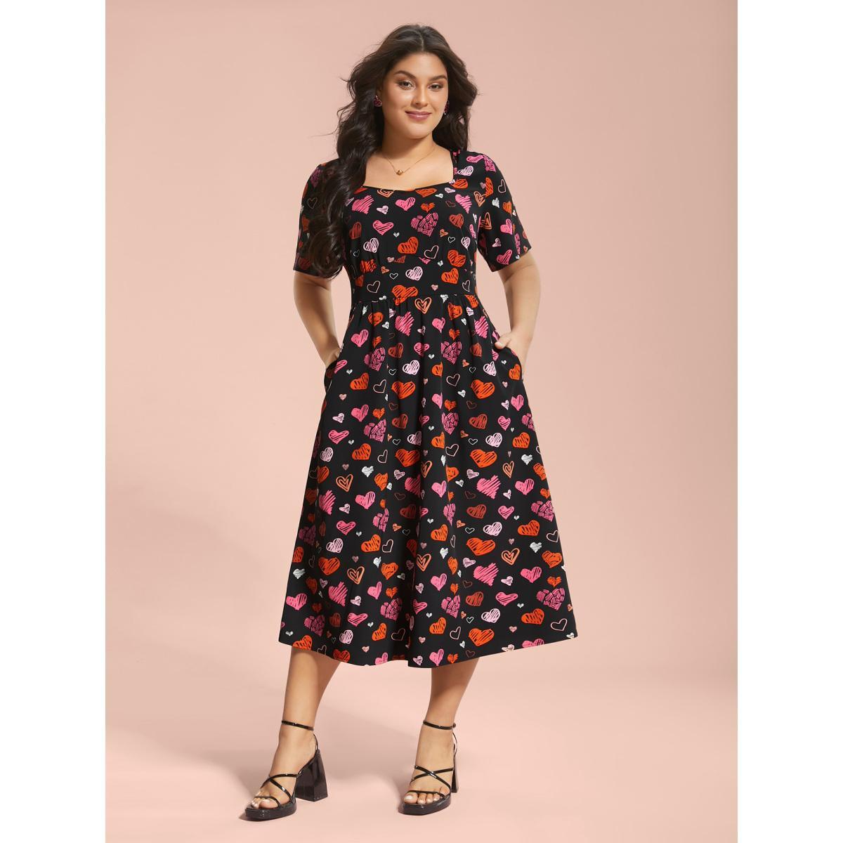 Plus Size Heart Print Ruched Stretchy Waist Dress Black Women Elegant Gathered Heart neckline Short sleeve Curvy BloomChic 14-16/1X Product Image