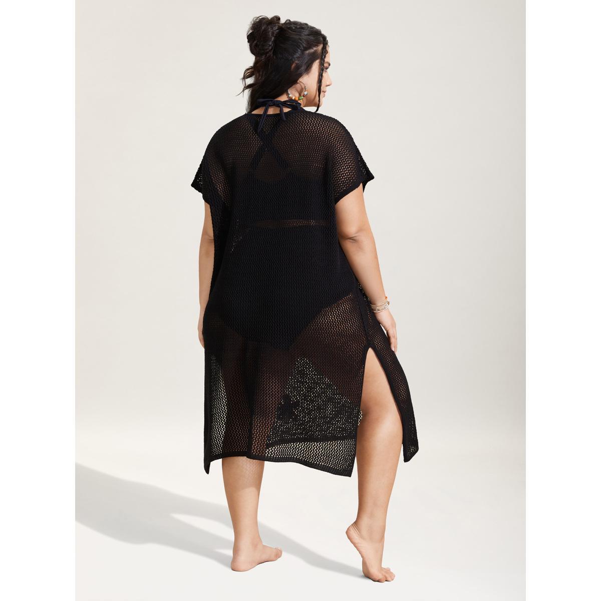 Plus Size Stereo Flower Design Slit Hem Swim Cover Up Women's Swimwear Black Beach Loose Crochet Curve Swim Cover Ups BloomChic 12/L Product Image