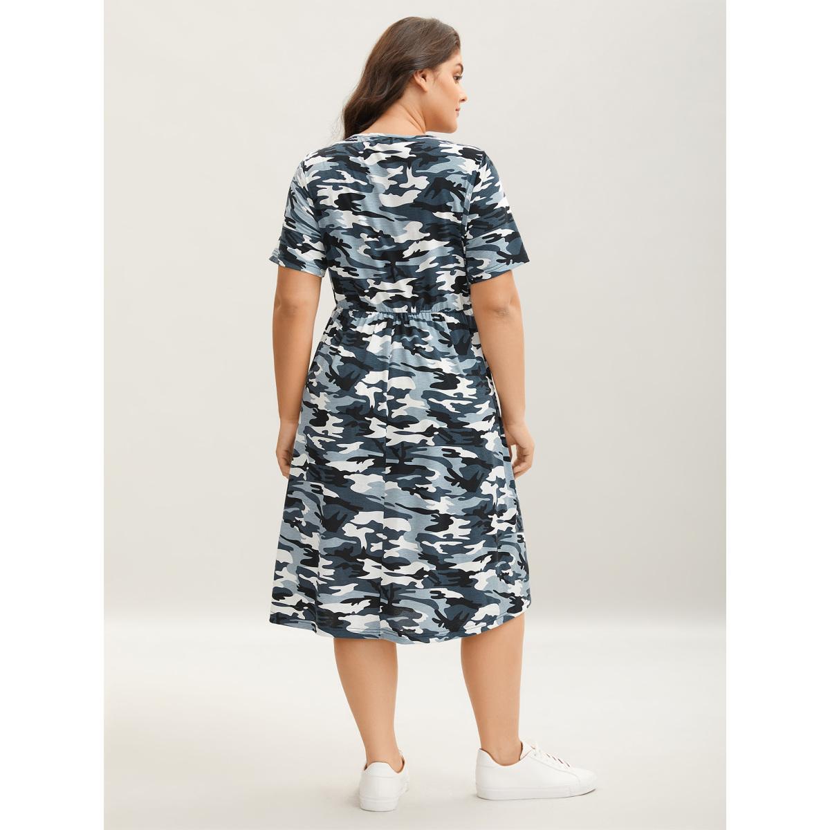 Plus Size Camouflage Print Round Neck Pockets Midi Dress Stone Women Casual Tie knot Knit Dresses Bloomchic 26/4X Product Image