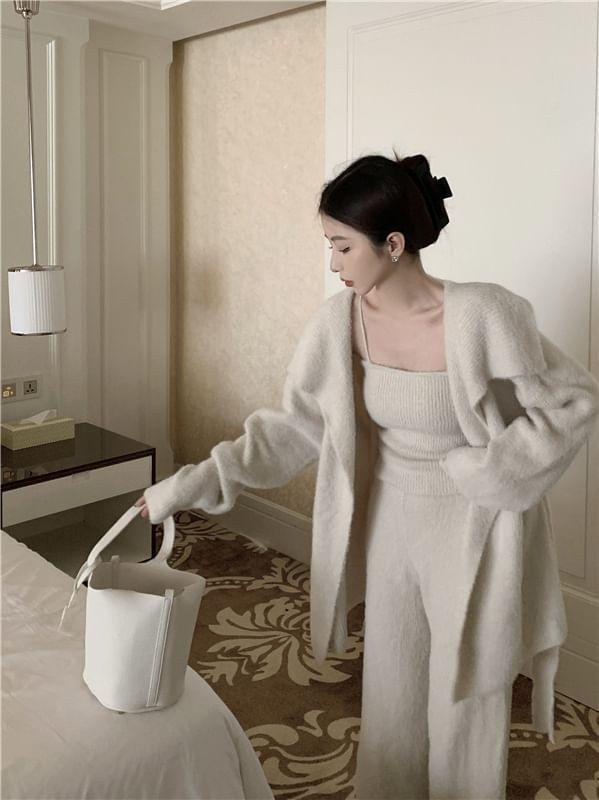 Knit Camisole Top / Buttonless Long Cardigan / Wide-Leg Knit Pants Product Image