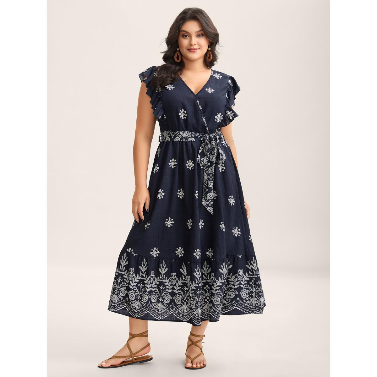 Plus Size Rayon Stretchy Waist Pockets Flutter Midi Dress Indigo Women Overlap Collar Cap Sleeve Curvy BloomChic 28/5X Product Image