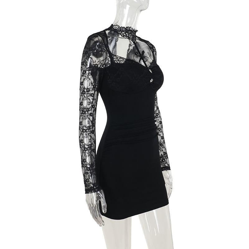 Long-Sleeve Halter Cutout Floral Lace Panel Mini Sheath Dress Product Image