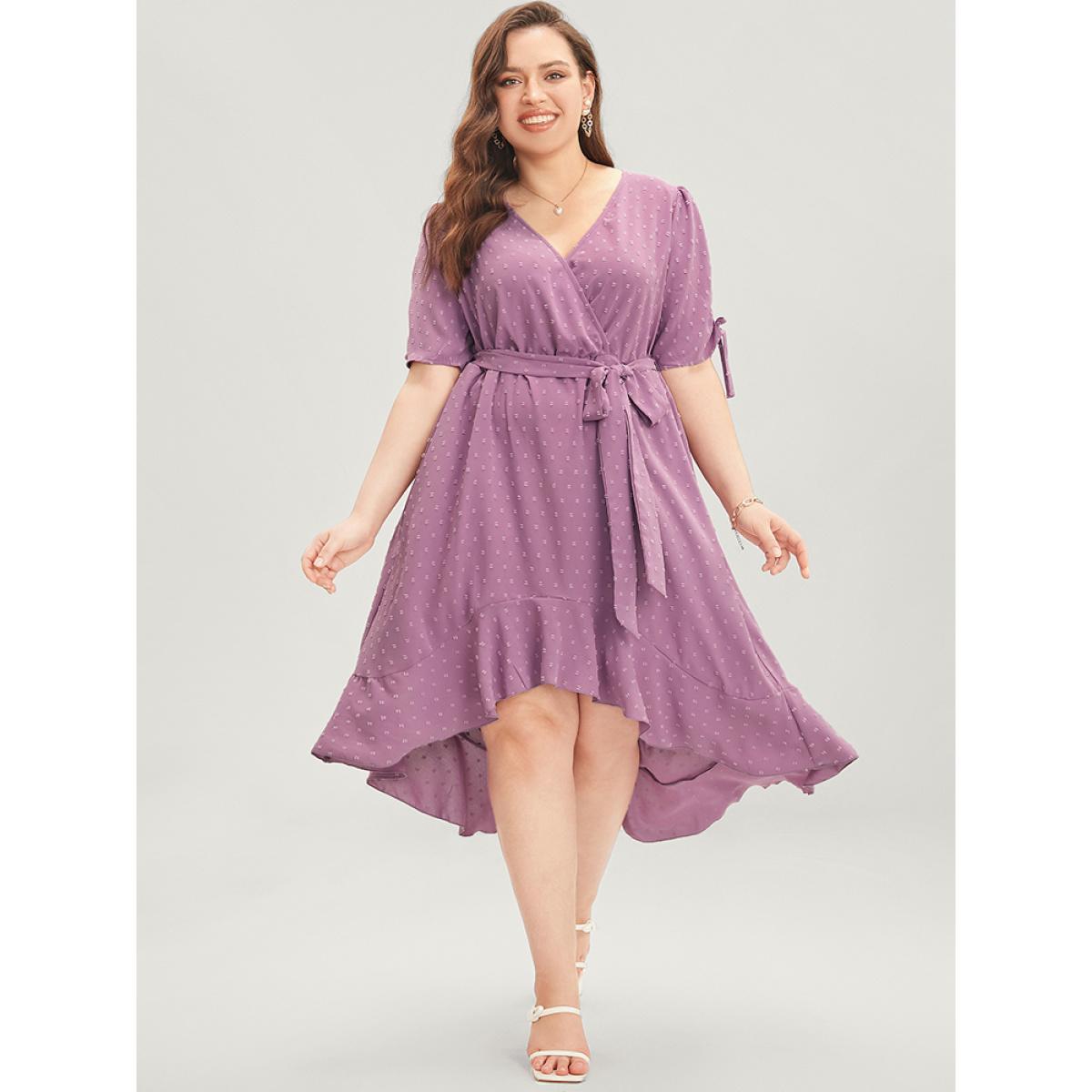Plus Size Plain Wrap Ruffles Pocket Belted High Low Hem Dress Mauve Women Elegant Gathered V-neck Short sleeve Curvy Midi Dress BloomChic 14-16/1X Product Image