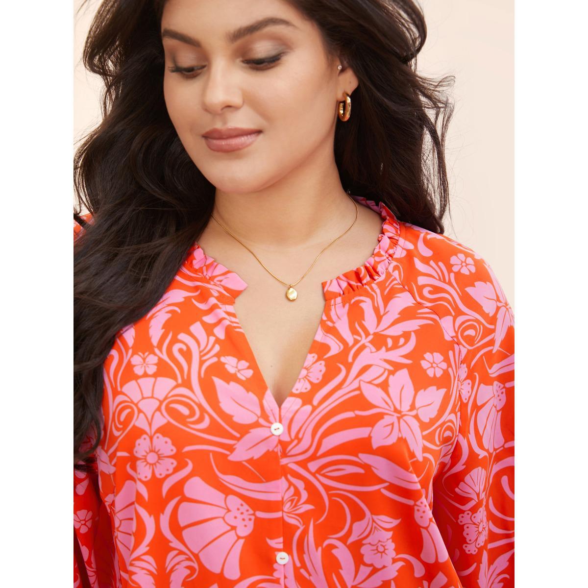Plus Size Rosered Floral Shirred Frill Trim Lantern Sleeve Blouse Women Elegant Long Sleeve V-neck Everyday Blouses BloomChic 14-16/1X Product Image