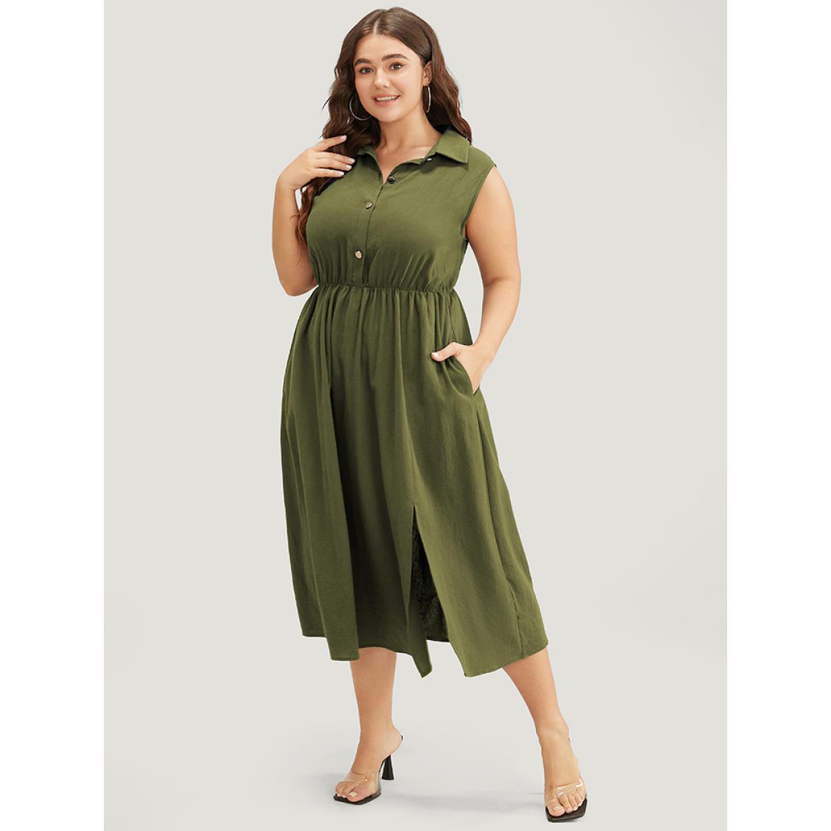 Plus Size Solid Shirt Collar Sleeveless Pocket Button Up Split Hem Dress ArmyGreen Women Office Button Shirt collar Sleeveless Curvy Midi Dress BloomChic 12/L Product Image