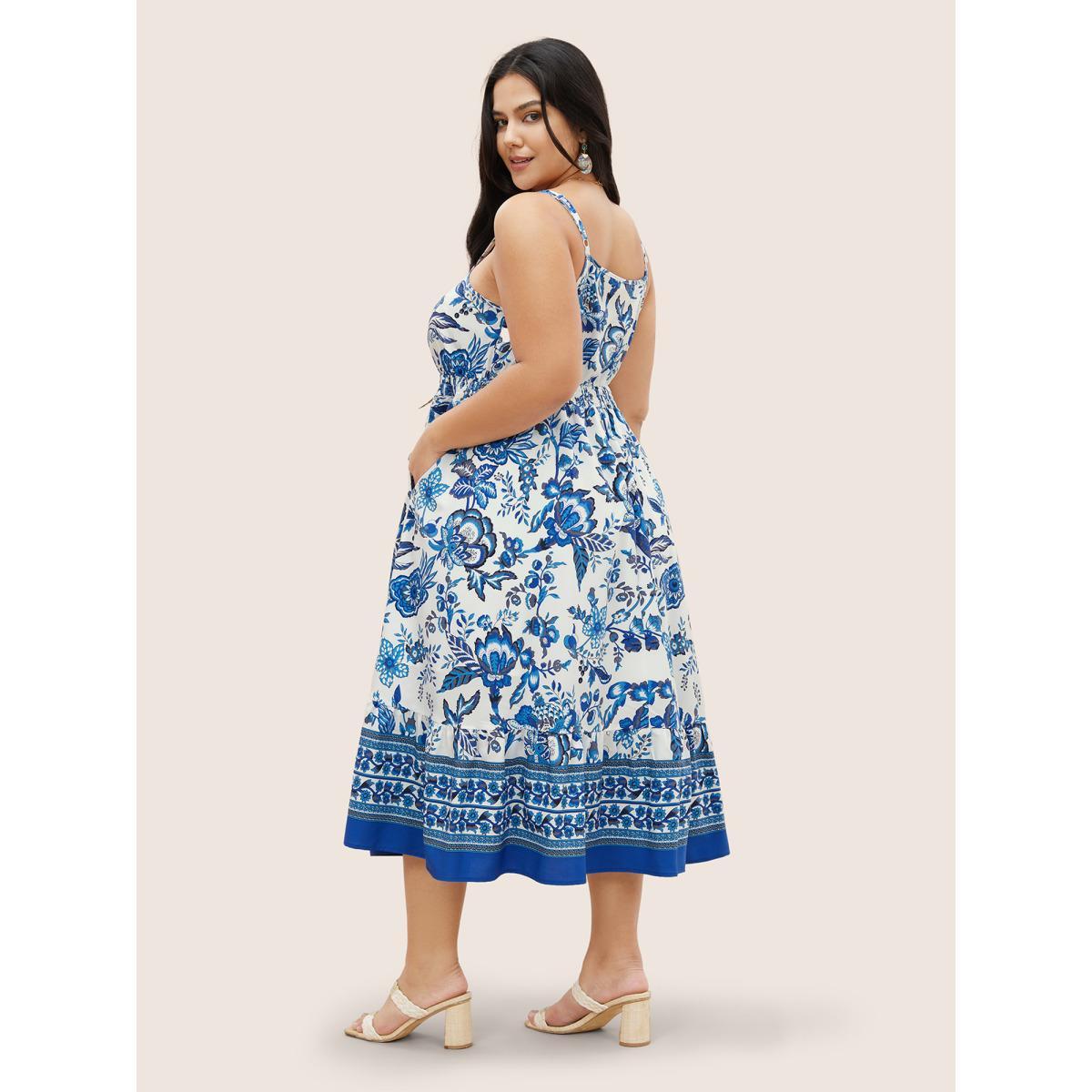 Plus Size Boho Print Tie Knot Shirred Cami Dress Blue Women Resort Tie knot Non Sleeveless Curvy Midi Dress BloomChic 30/6X Product Image