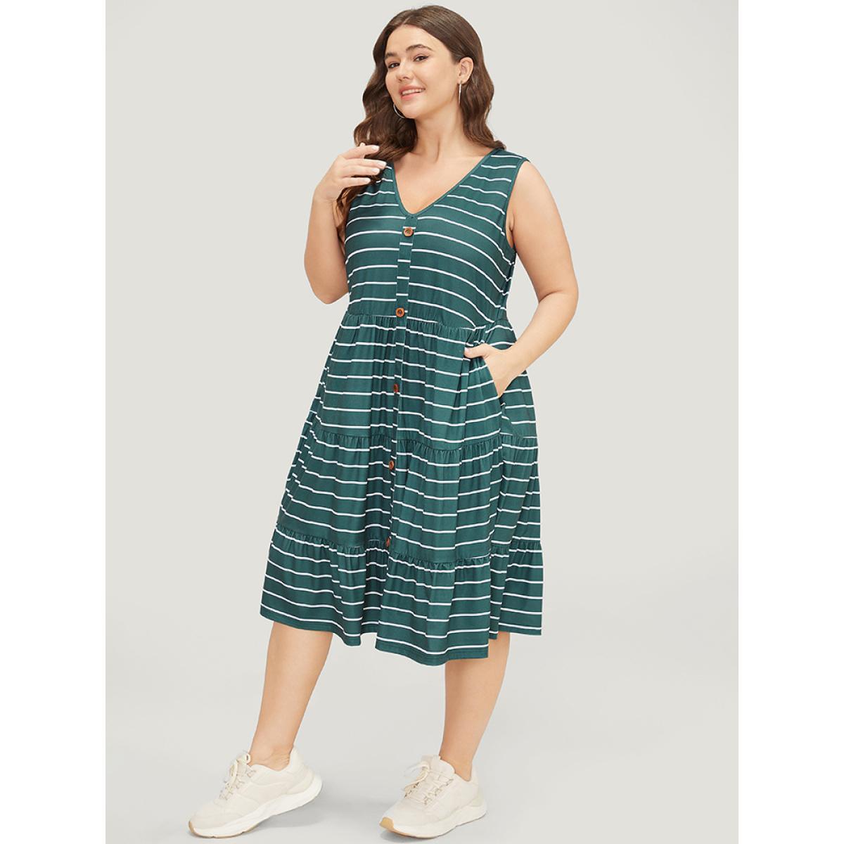 Plus Size Striped Print Button Detail Ruffle Tiered V Neck Tank Dress Cyan Women Casual Contrast V-neck Sleeveless Curvy Midi Dress BloomChic 10/M Product Image