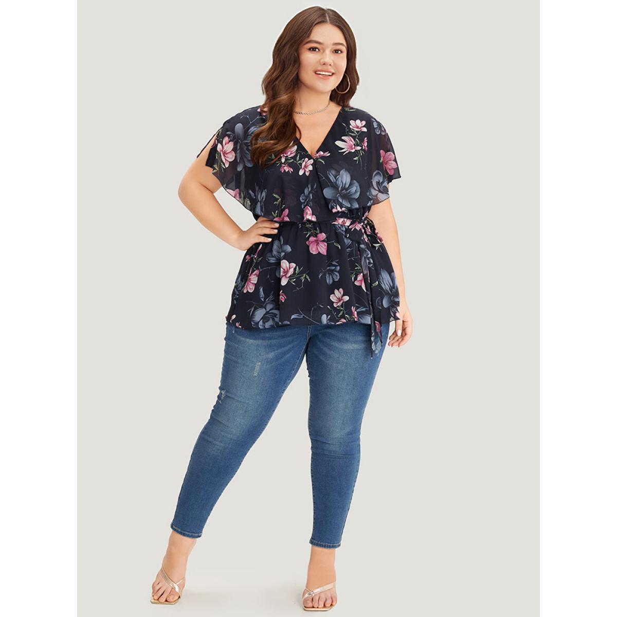Plus Size Multicolor Floral Split Batwing Sleeve Wrap Mesh Belted Blouse Women Glamour Cap Sleeve Deep V-neck Going out Blouses BloomChic 10/M Product Image