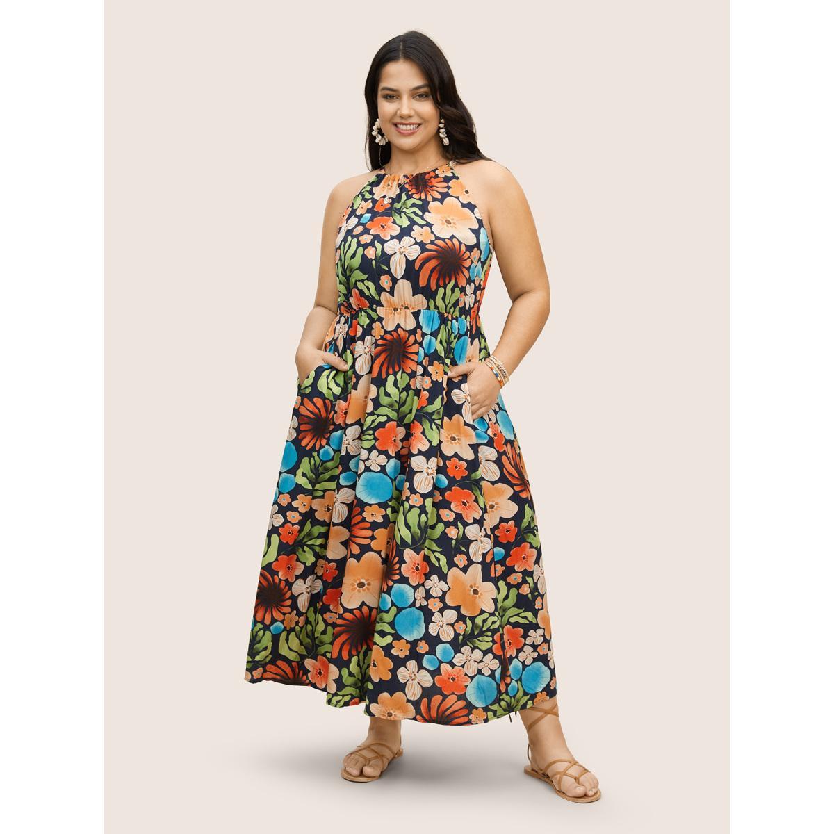Plus Size Floral Printed Patchwork Side Seam Pocket Dress Indigo Women Resort Gathered Non Sleeveless Curvy BloomChic 18-20/2X Product Image