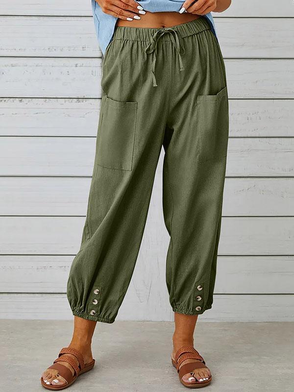 High Waisted Loose Buttoned Drawstring Elasticity Pockets Split-Joint Ninth Pants Trousers Product Image