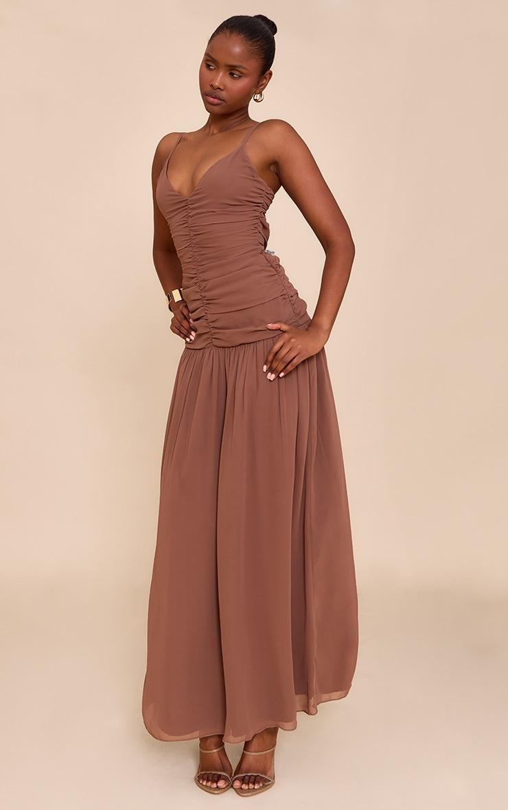 Chocolate Chiffon Ruched Dropped Waist Maxi Dress Product Image