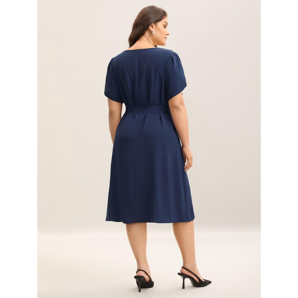 Plus Size Petal Sleeve Waist-Tie Lace Midi Dress Navy Women Elegant Woven ribbon&lace trim V-neck Short sleeve Curvy BloomChic 28/5X Product Image