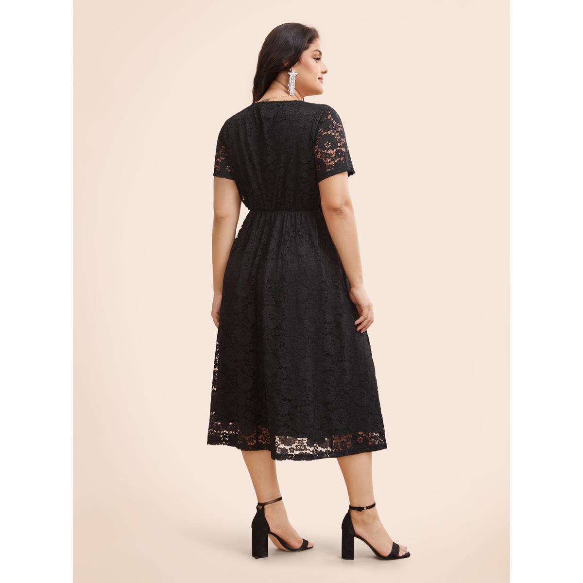 Plus Size Square Neck Lace Mesh Midi Dress Black Women Casual Woven ribbon&lace trim Square Neck Short sleeve Curvy BloomChic 12/L Product Image