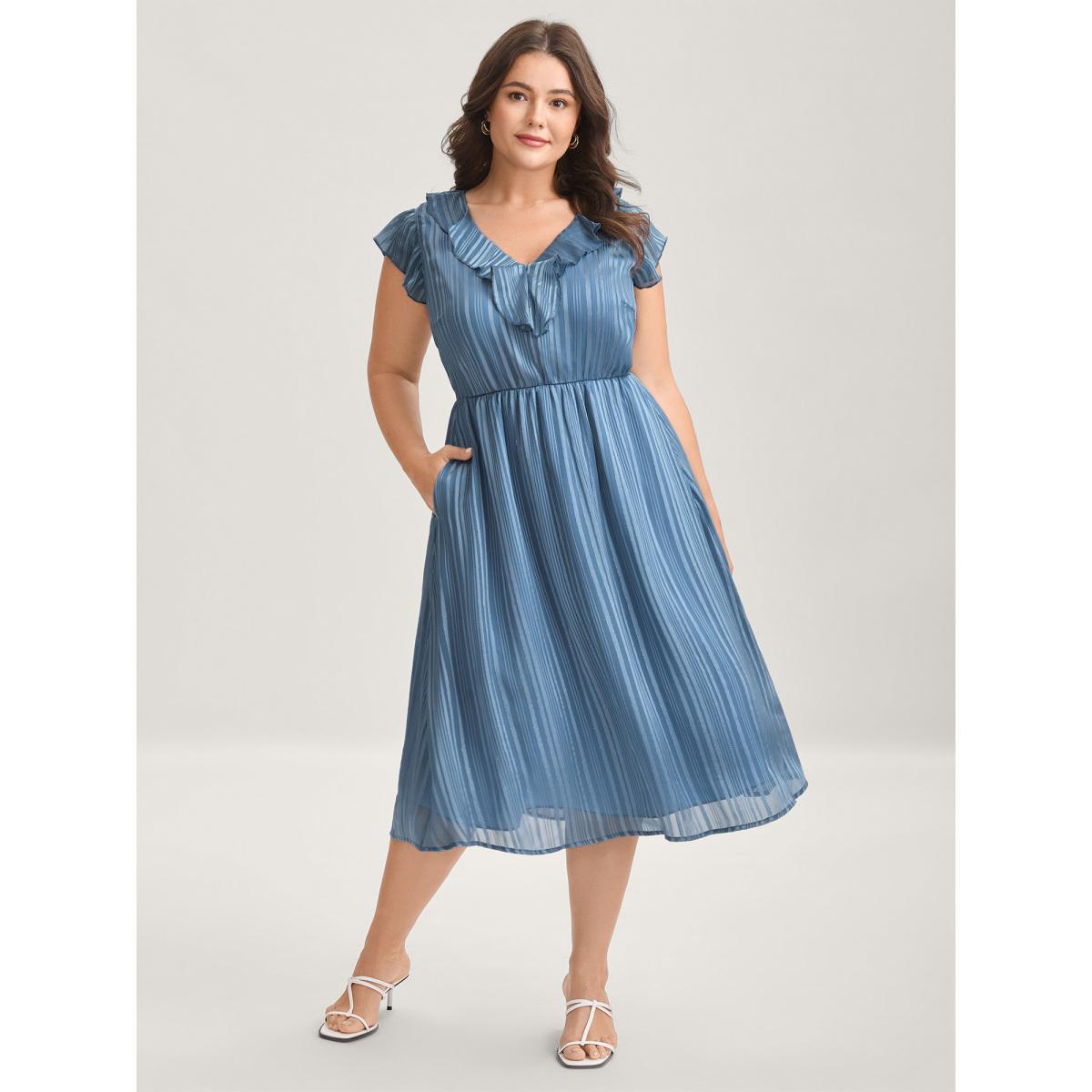 Plus Size Textured Stripe Ruffled Neck Midi Dress Stone Women V-neck Cap Sleeve Curvy BloomChic 22-24/3X Product Image