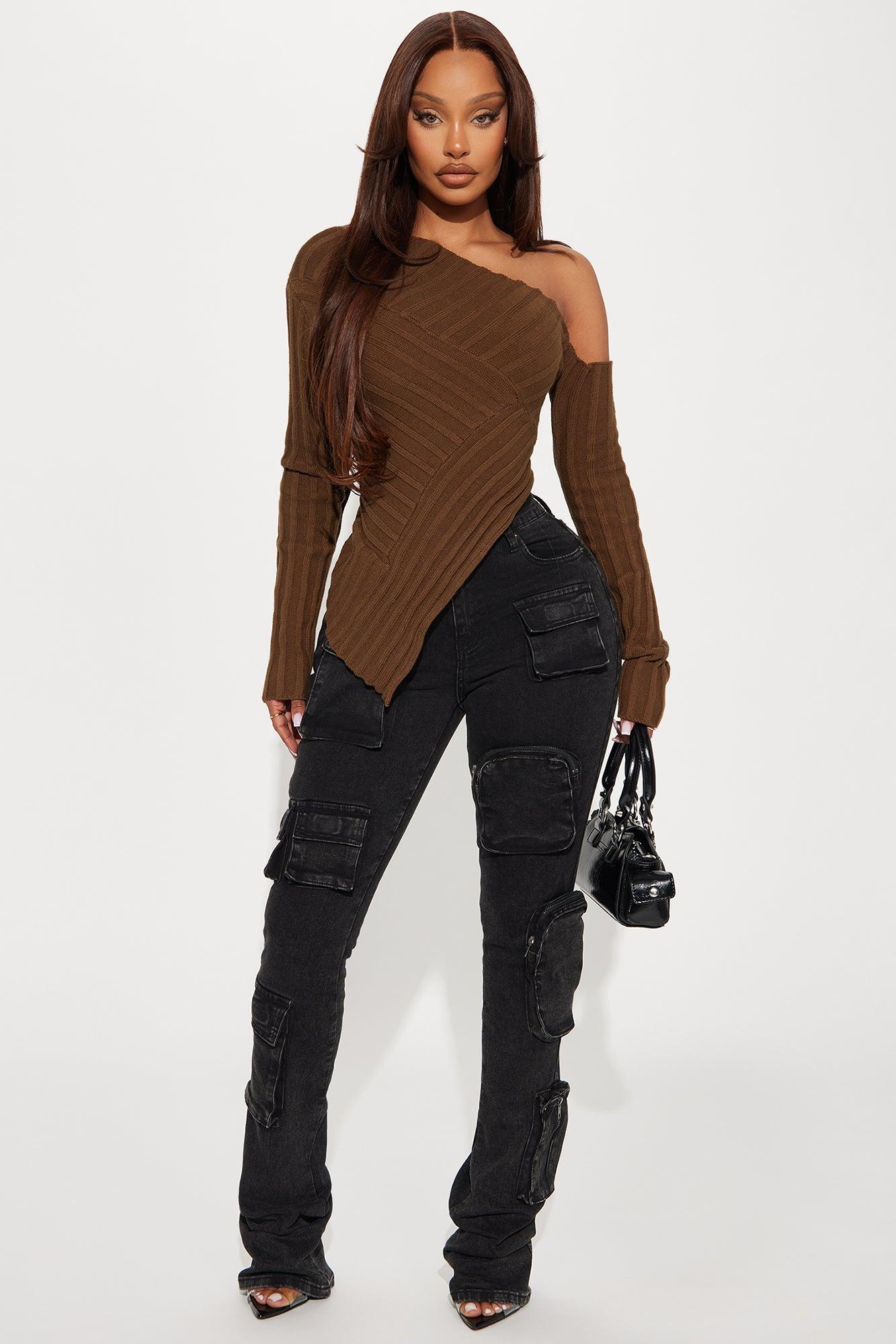 Amaya One Shoulder Long Sleeve Sweater Top - Chocolate Product Image