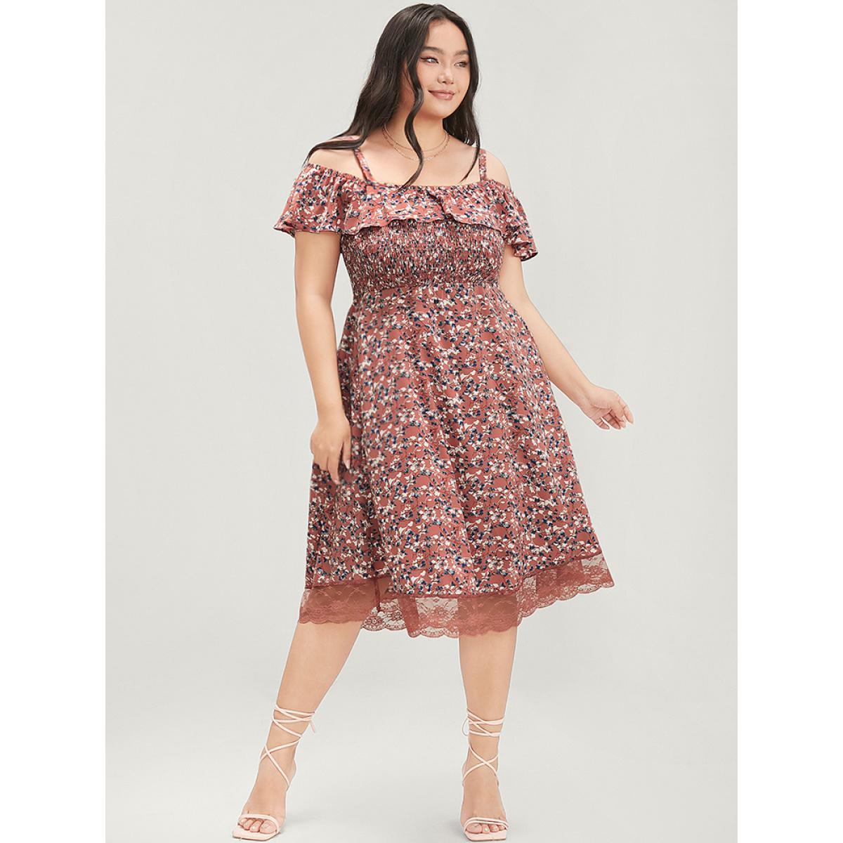 Plus Size Ditsy Floral Cold Shoulder Shirred Pocket Ruffle Lace Hem Dress Salmon Women Elegant Adjustable Straps Cold Shoulder Short sleeve Curvy Knee Dress BloomChic 12/L Product Image